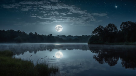 Beautiful night landscape with lake and forest in the moonlight.の写真素材