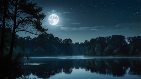 Landscape of misty lake at night with full moon in the skyの写真素材