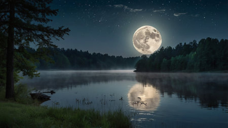 Full moon over the forest lake at night with reflection in water.の写真素材
