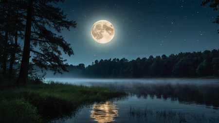 Foggy lake in the woods at night with full moon.の写真素材