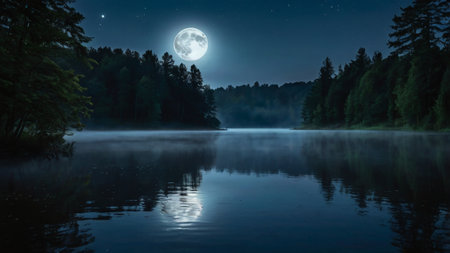 Foggy lake in the forest at night with full moon.の写真素材