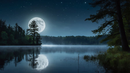 Beautiful night landscape with full moon over forest lake in summer.の写真素材