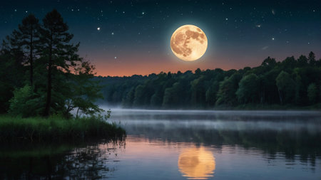 Beautiful full moon over the lake in the forest at night.の写真素材