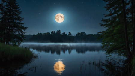 Foggy lake at night with full moon and reflection in waterの写真素材