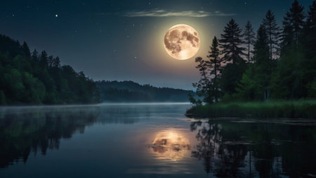 Beautiful full moon over the lake in the forest at night.の写真素材