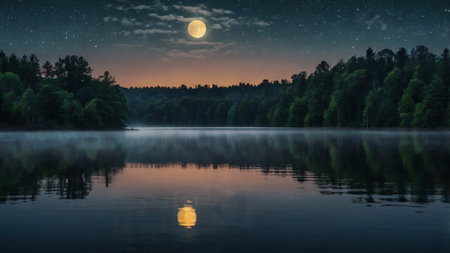 beautiful night landscape with a lake in the woods and full moonの写真素材