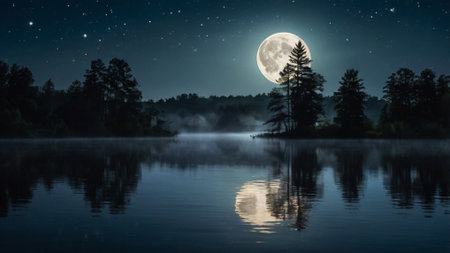 Beautiful night landscape with a lake in the woods and full moon