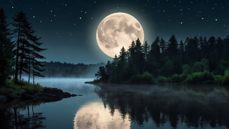 Foggy lake at night with full moon. 3D renderingの写真素材