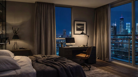 Night interior of a hotel room with a view of the city.の写真素材