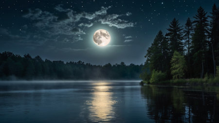 Forest lake at night in full moon light. Beautiful nature landscape.