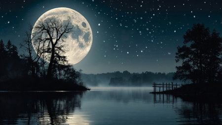 Foggy night over the lake with full moon. 3D renderingの写真素材