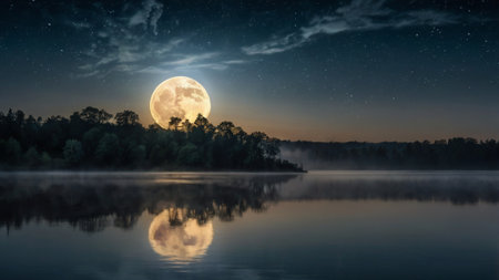 Foggy night landscape with full moon over lake and forest.の写真素材