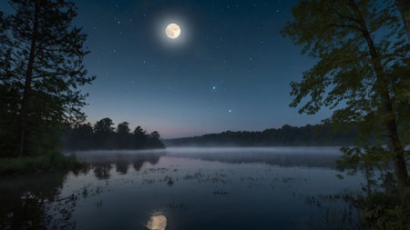 Landscape of a lake in the forest at night with a full moon