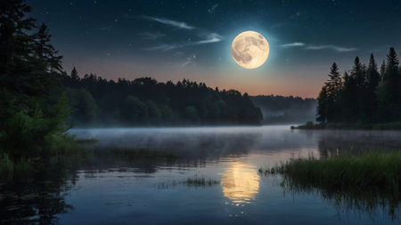 Foggy lake at night with full moon and reflection in water