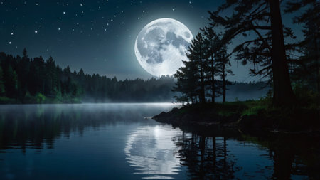 Foggy lake at night with full moon and trees reflected in waterの写真素材