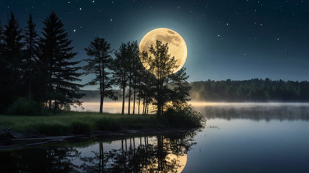 Full moon over the lake in the forest at night. Panoramaの写真素材