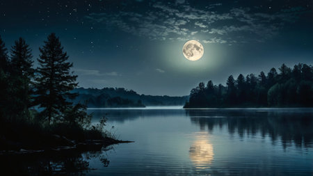 Fantasy landscape with lake and forest at night in full moon light