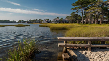 Wooden bench on the shore of a lake with houses in the backgroundの写真素材