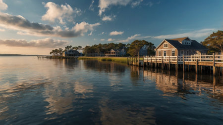 Panorama of a wooden pier on a lake with houses in the backgroundの写真素材