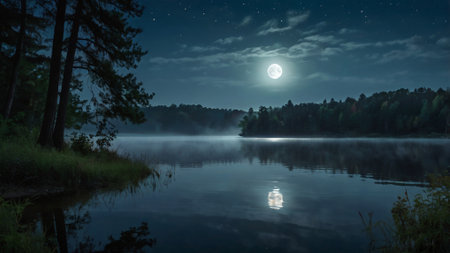 Foggy lake at night with moonlight and reflection in waterの写真素材