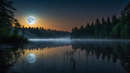Beautiful landscape of misty forest lake at night with full moonの写真素材