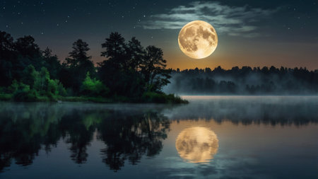 Beautiful night landscape with lake in full moon light and reflection in waterの写真素材