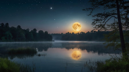 Foggy night landscape with lake, forest and full moon.