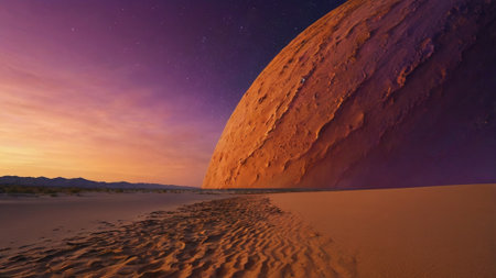 alien planet in the desert at sunset. 3d renderingの写真素材