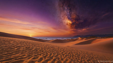 Milky Way over sand dunes in Mui Ne, Vietnamの写真素材