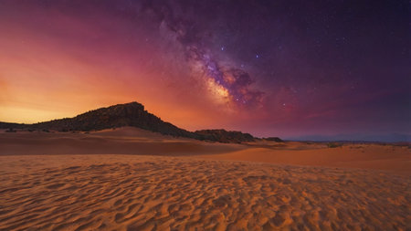 Milky Way over the Sahara desert, Morocco. Panorama.の写真素材