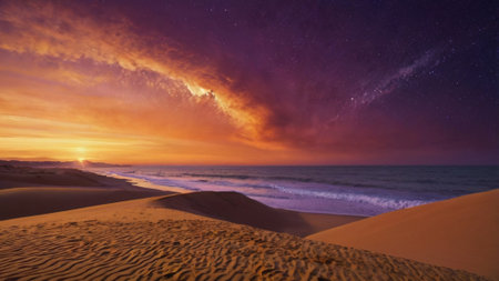 Landscape with milky way over the sand dunes at sunsetの写真素材