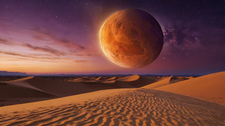 Fantasy landscape with planet Mars in the desert. 3d illustrationの写真素材