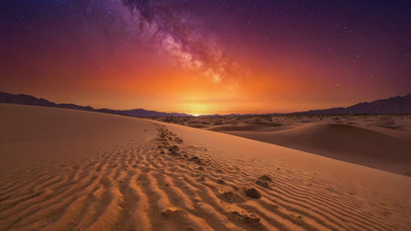 Desert landscape at night with starry sky and milky wayの写真素材