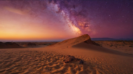 Milky Way over the dunes in the Sahara desert, Moroccoの写真素材