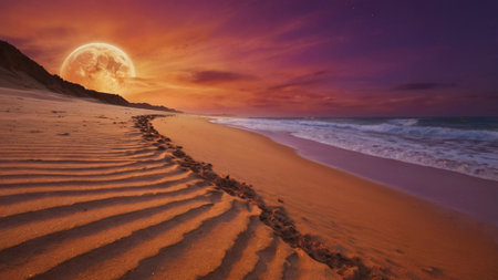 Full moon rising over a sandy beach with footprints in the sand.の写真素材