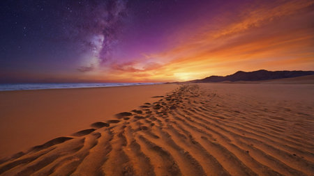 Beautiful starry sky over the sand dunes at sunset.の写真素材
