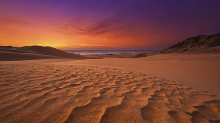 Sunset over the sand dunes in Corralejo, Fuerteventura, Canary Islands, Spainの写真素材