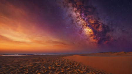 Milky way over sand dunes at sunrise, 3d renderingの写真素材