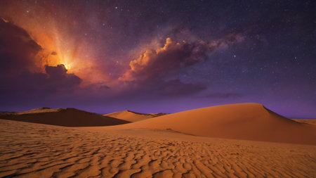 Dunes in the desert at night with stars and milky wayの写真素材