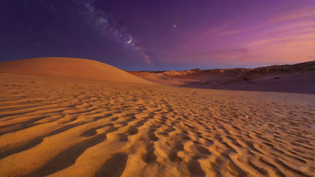 Desert dunes at night with starry sky, Dubai, United Arab Emiratesの写真素材