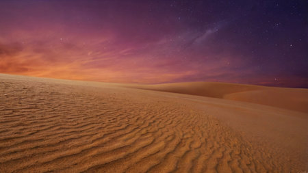 sunset over sand dunes in the desert with starry skyの写真素材