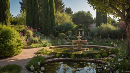 Fountain in the garden at sunset. Beautiful landscaped garden.の写真素材