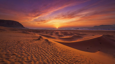 Sunset over the sand dunes of the Sahara desert in Moroccoの写真素材