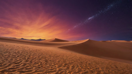 Dunes in the desert at sunset with milky way and starsの写真素材