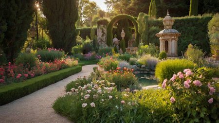 Beautiful garden in the morning light. Beautiful landscaped garden.の写真素材