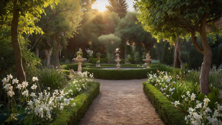Luxury garden in the morning light. Beautiful landscaped garden.の写真素材