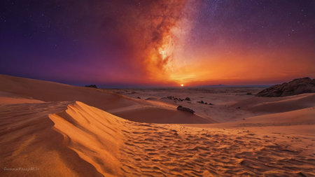 Milky Way over sand dunes, Sahara desert, Africaの写真素材