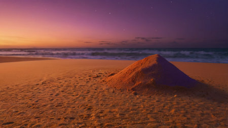 Beautiful sunset on the beach with sand dunes and sea wavesの写真素材