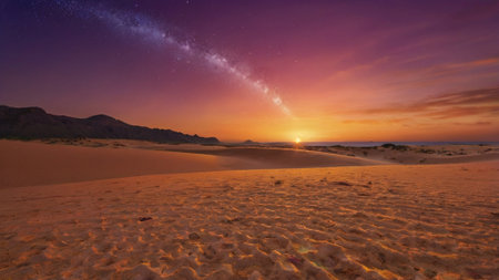 Sunset in the desert with starry sky and milky wayの写真素材