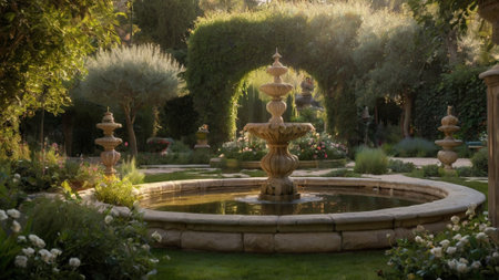 Fountain in the garden. Beautiful landscaped garden with fountain.の写真素材